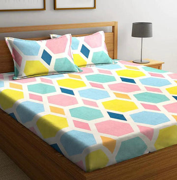 Cotton designer elastic fitted bedsheet with 2 pillow cover