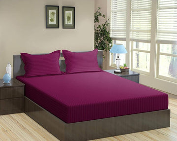 Cotton Satin Stripe Plain solid colors elastic fitted bedsheet with 2 pillow cover