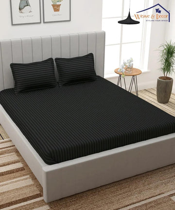 Cotton Satin Stripe Plain solid colors elastic fitted bedsheet with 2 pillow cover