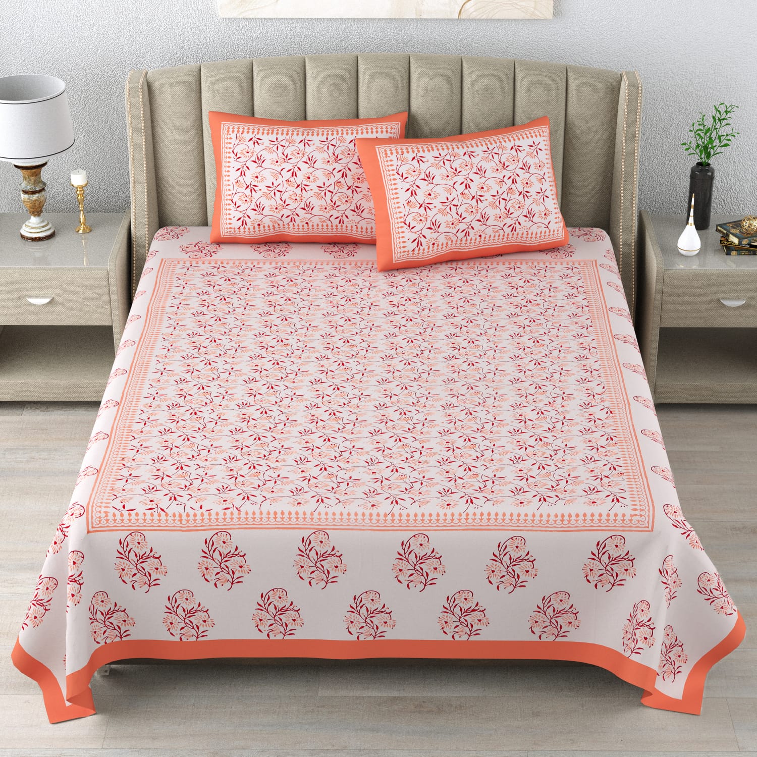 100%Pure cotton hand block designer bedsheet with 2 pillow cover