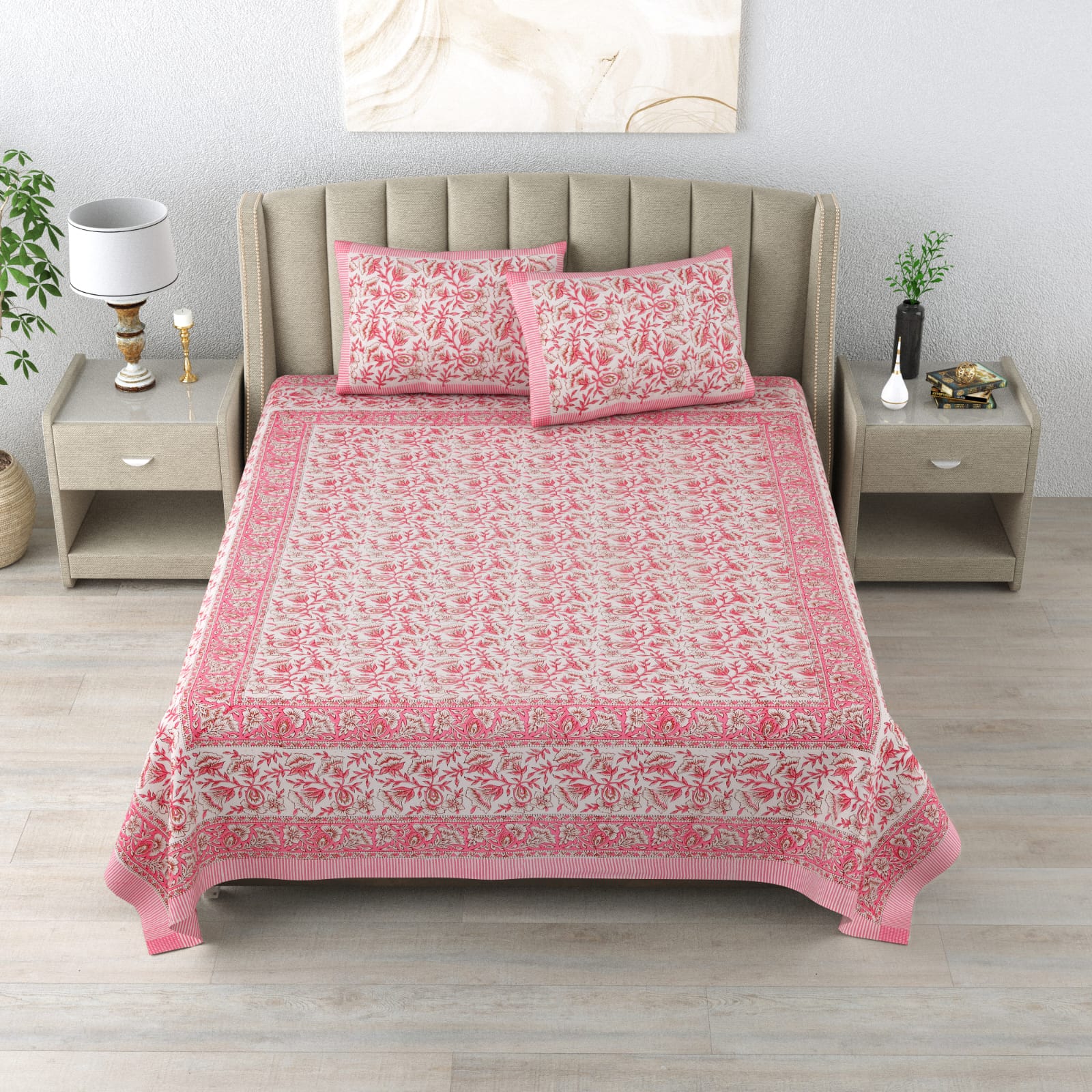 100%Pure cotton hand block designer bedsheet with 2 pillow cover