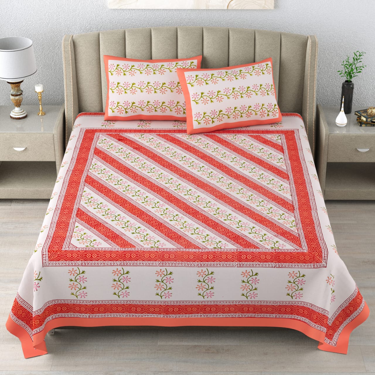 100%Pure cotton hand block designer bedsheet with 2 pillow cover