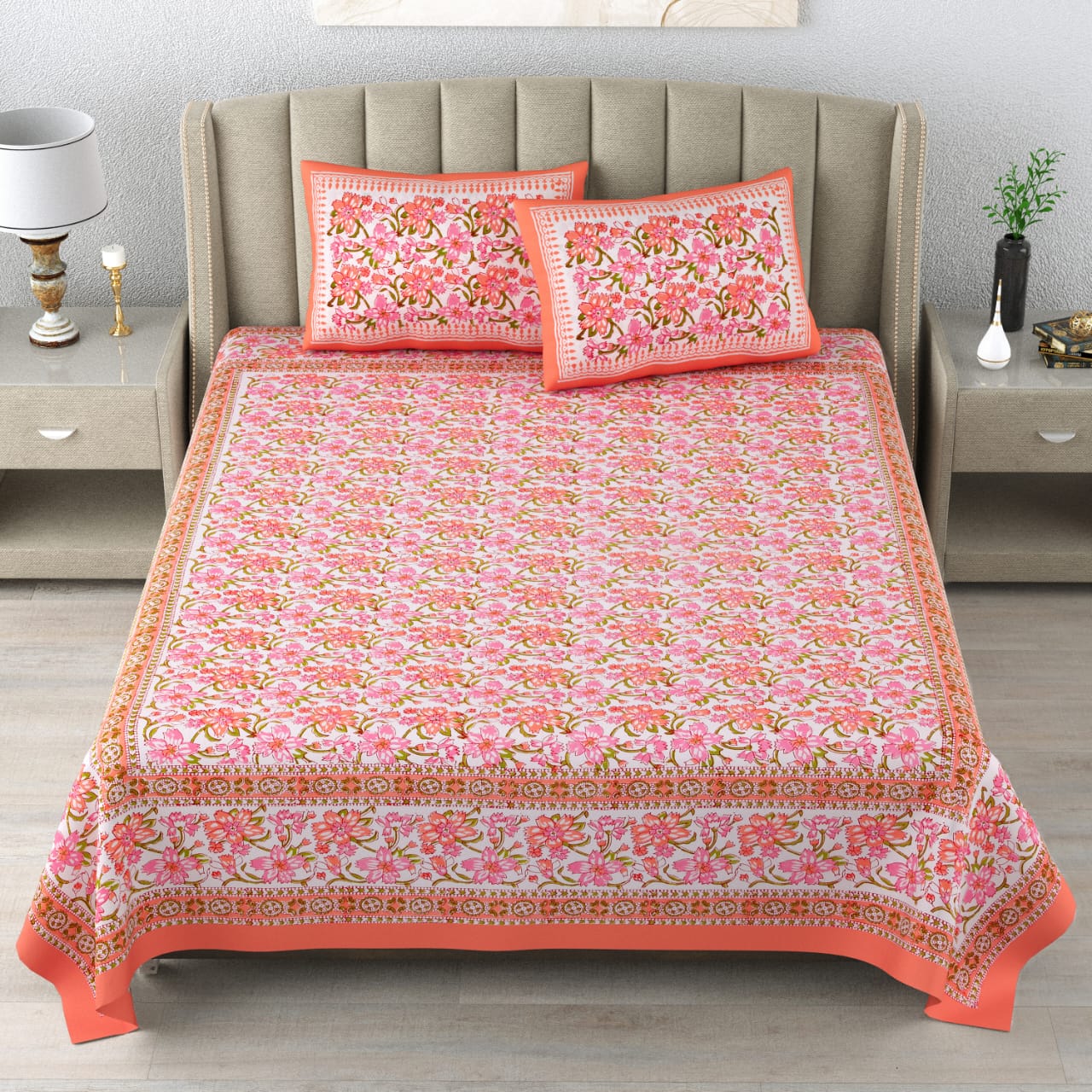 100%Pure cotton hand block designer bedsheet with 2 pillow cover