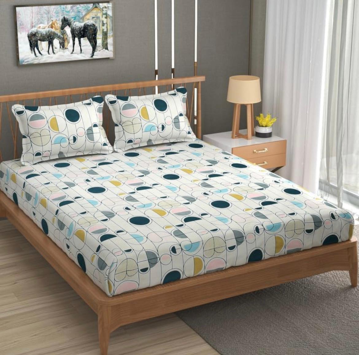 Cotton designer elastic fitted bedsheet with 2 pillow cover