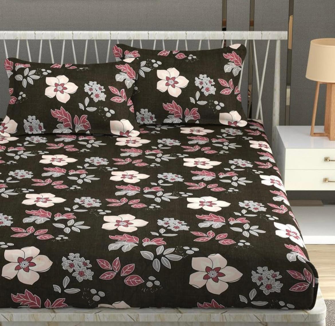 Cotton designer elastic fitted bedsheet with 2 pillow cover