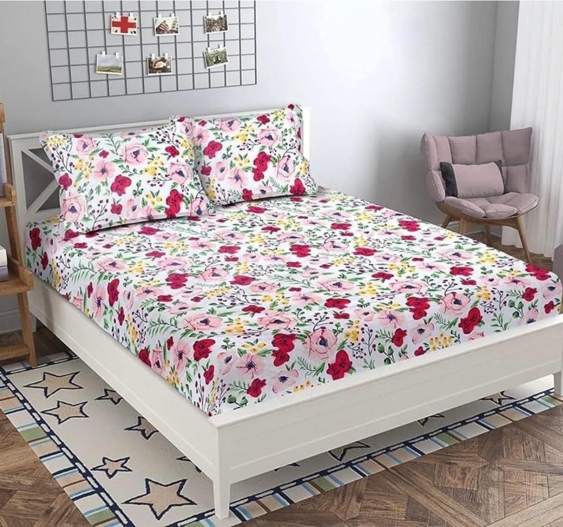 Cotton designer elastic fitted bedsheet with 2 pillow cover