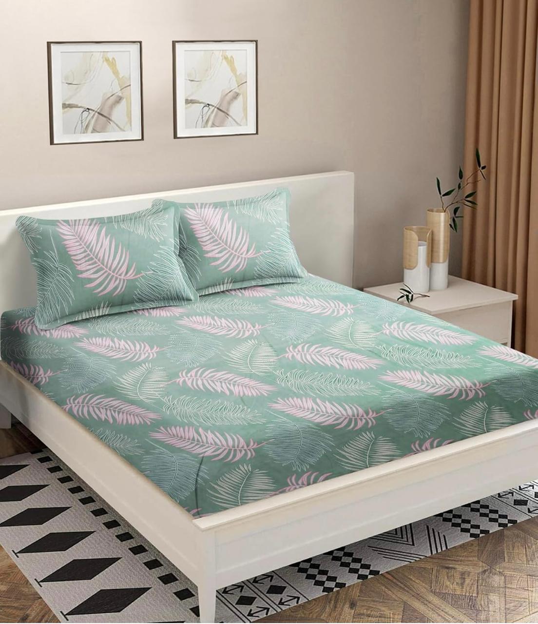 Cotton designer elastic fitted bedsheet with 2 pillow cover