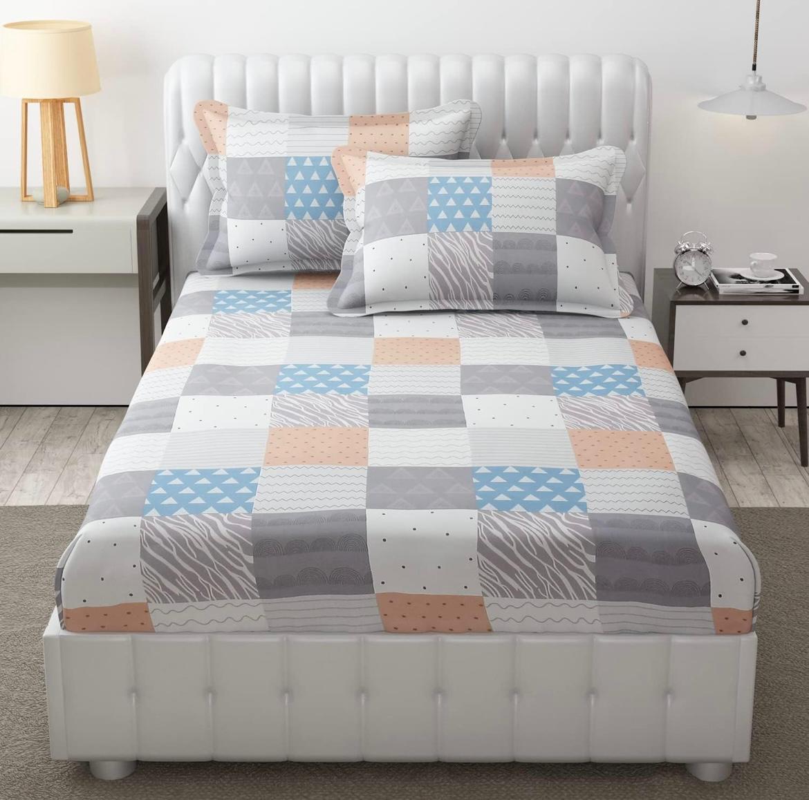 Cotton designer elastic fitted bedsheet with 2 pillow cover