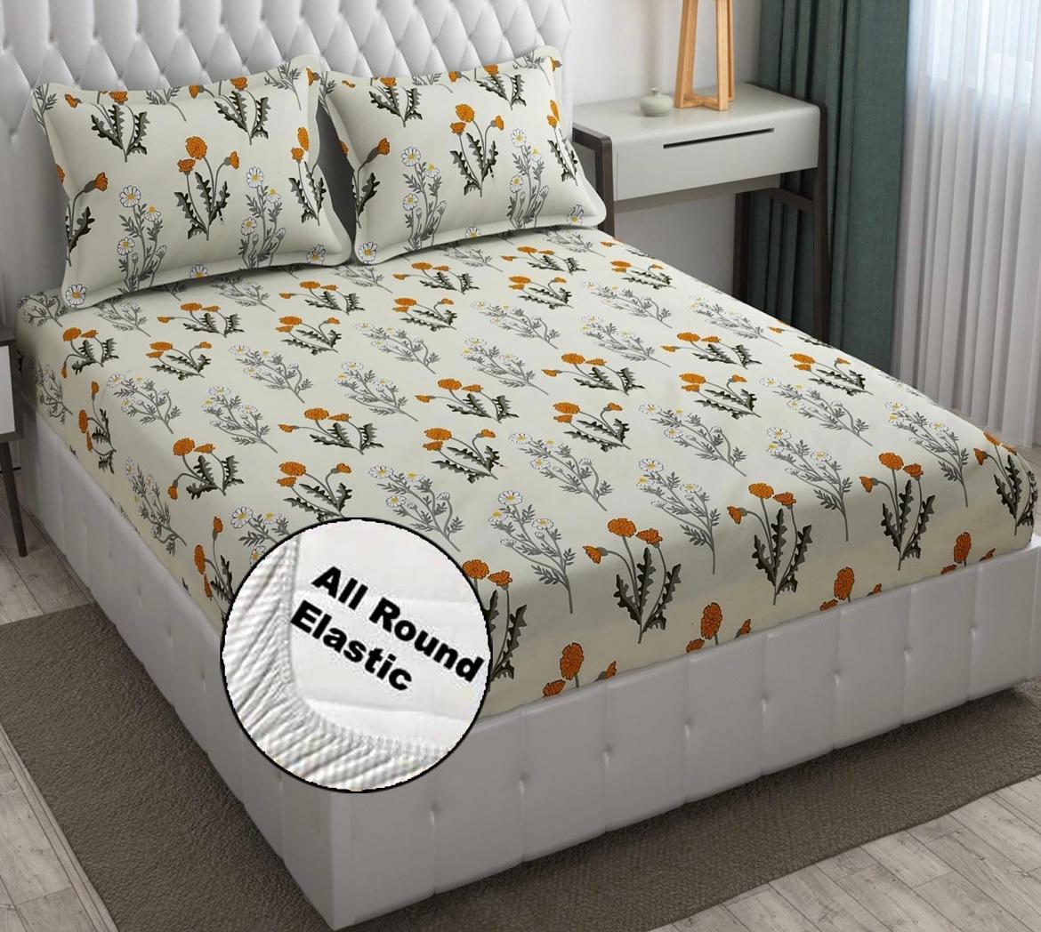 Cotton designer elastic fitted bedsheet with 2 pillow cover