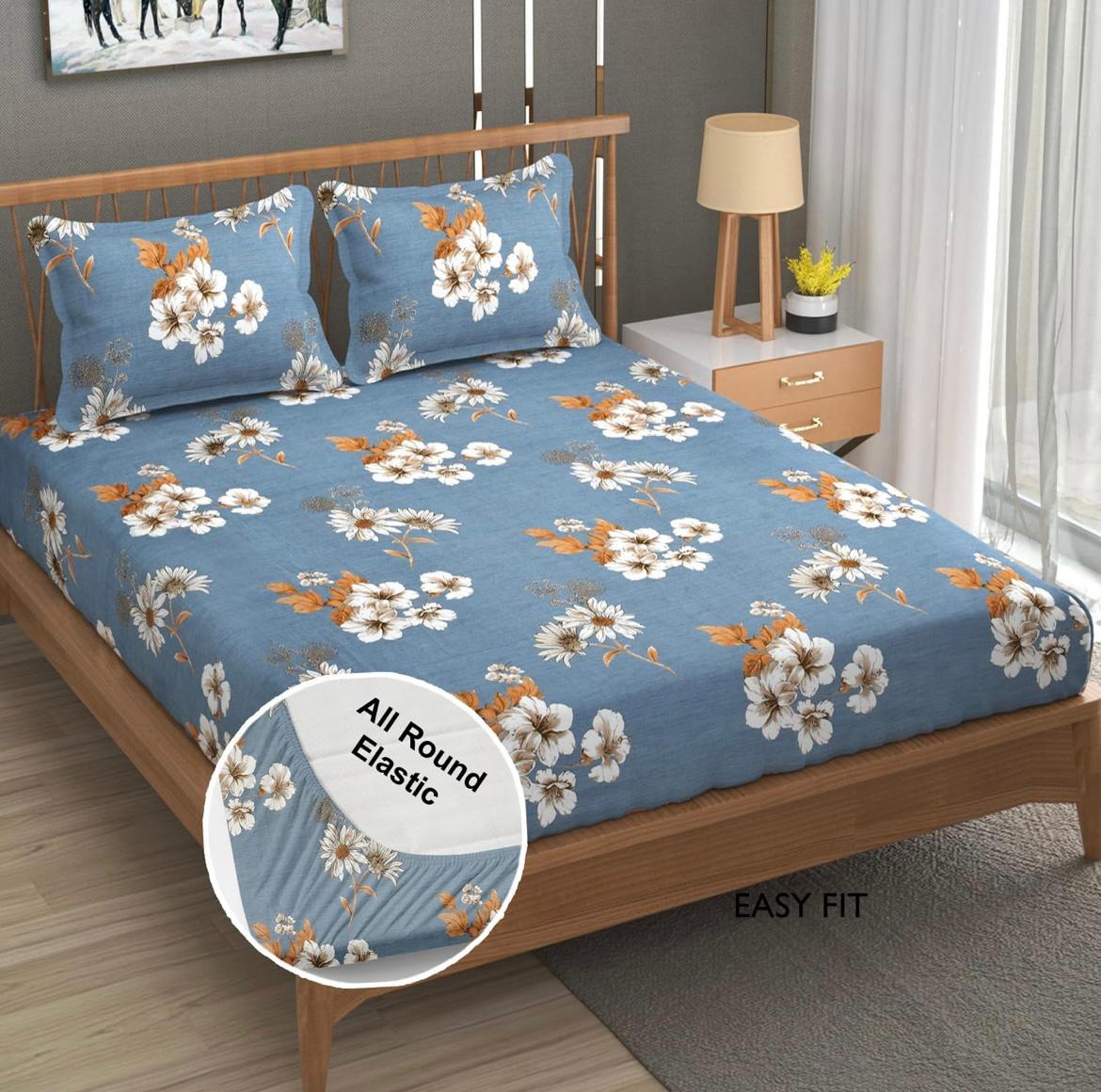 Cotton designer elastic fitted bedsheet with 2 pillow cover