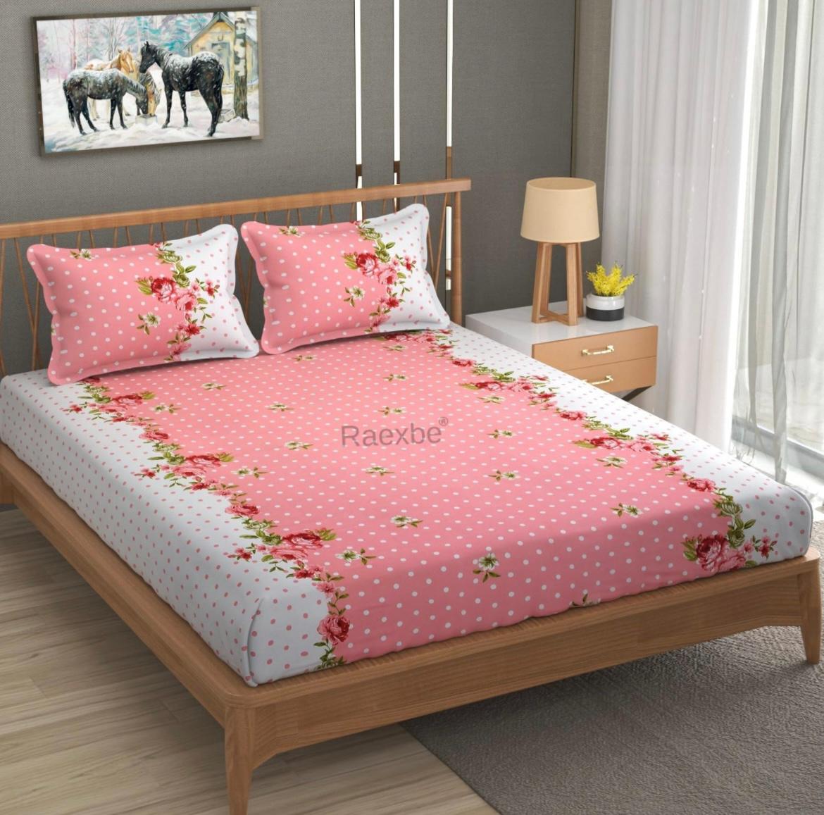 Cotton designer elastic fitted bedsheet with 2 pillow cover