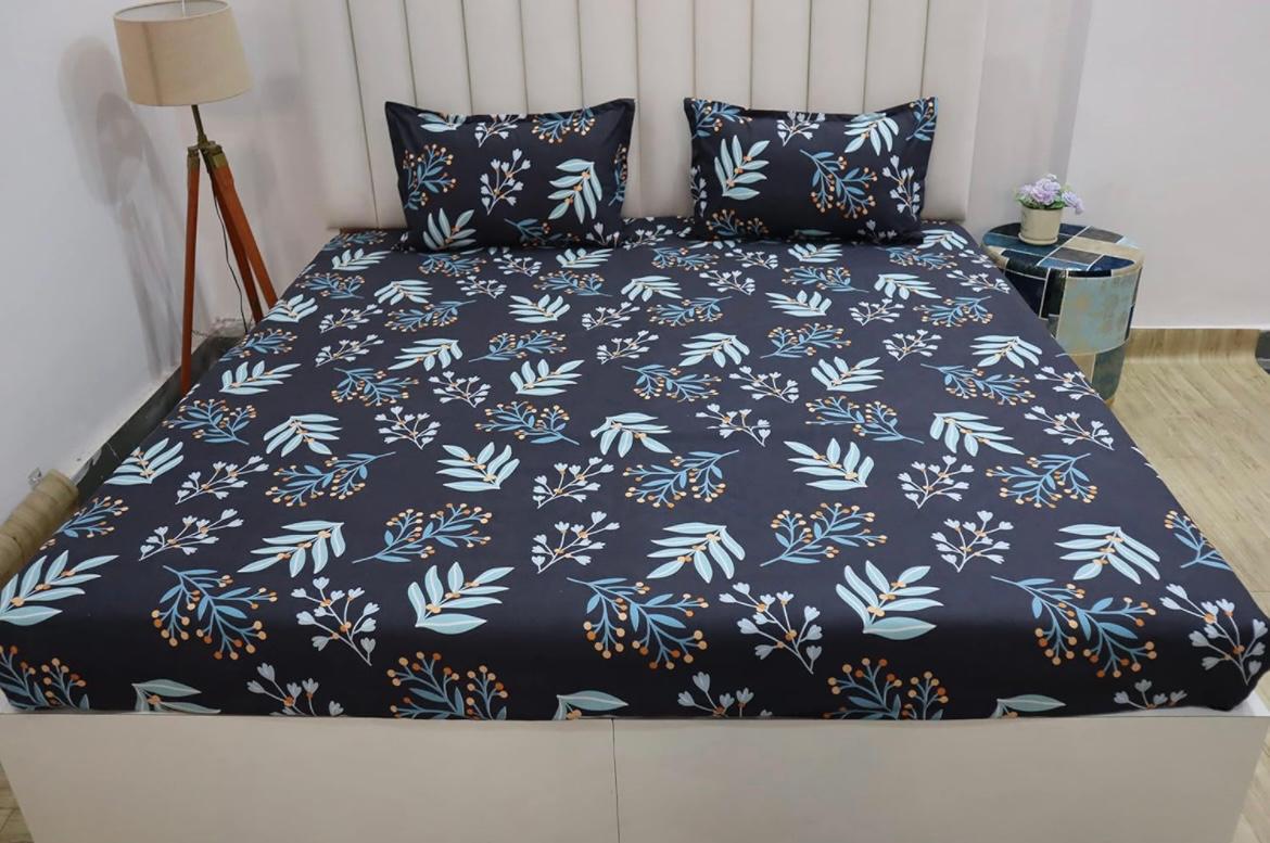 Cotton designer elastic fitted bedsheet with 2 pillow cover