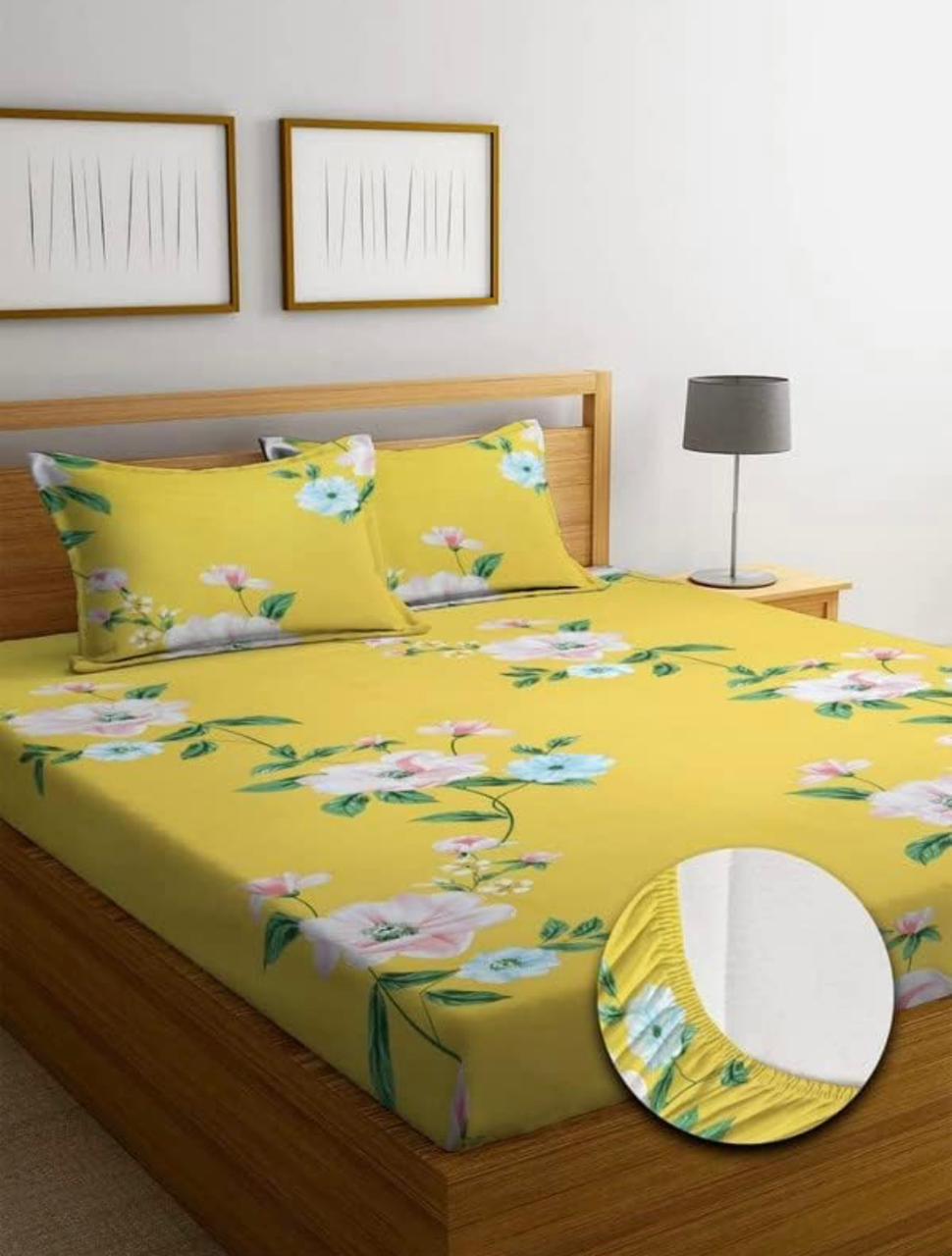 Cotton designer elastic fitted bedsheet with 2 pillow cover