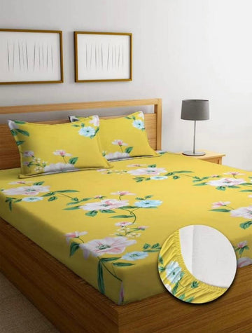 Cotton designer elastic fitted bedsheet with 2 pillow cover