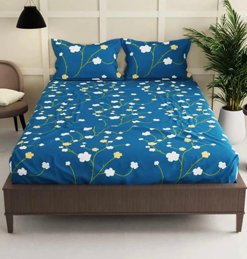 Cotton designer elastic fitted bedsheet with 2 pillow cover