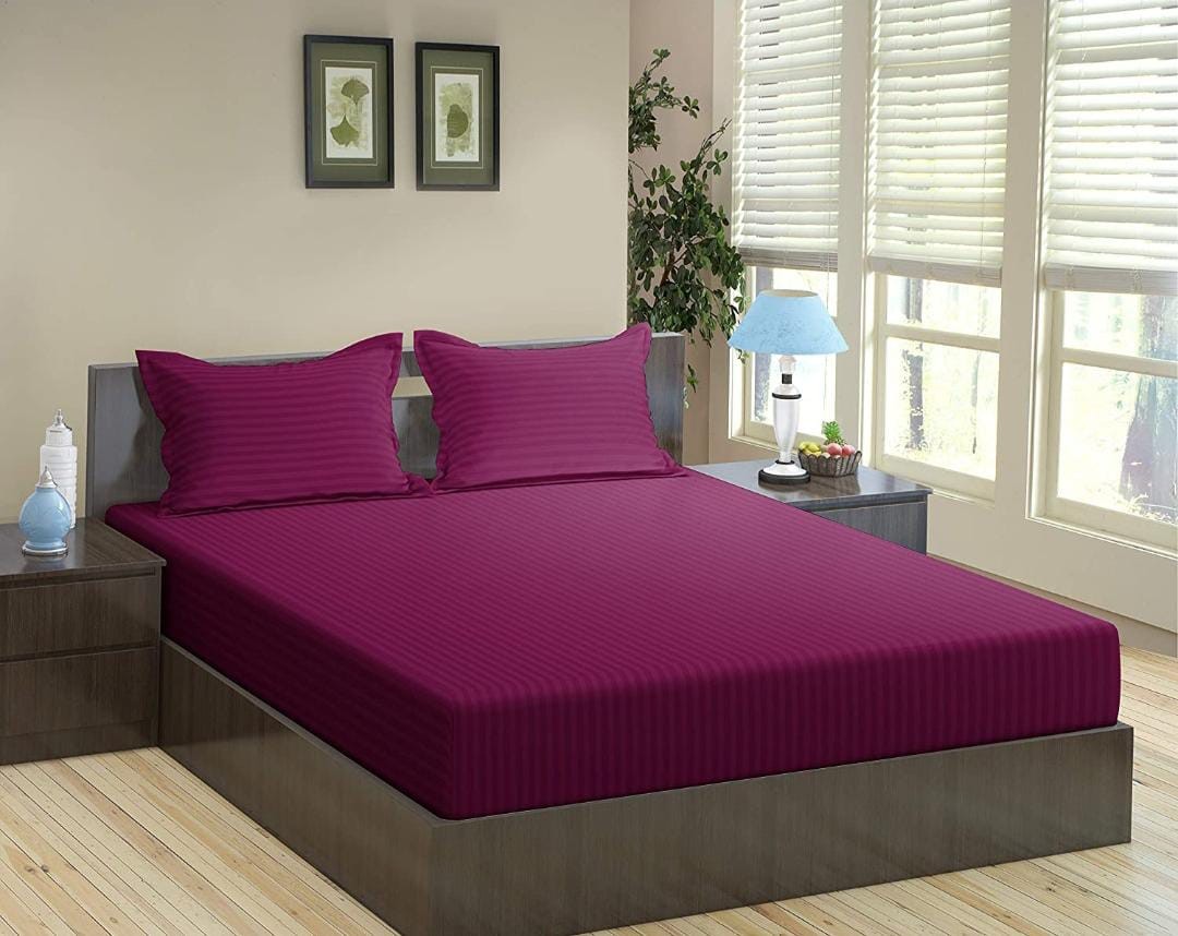 Cotton Satin Stripe Plain solid colors elastic fitted bedsheet with 2 pillow cover