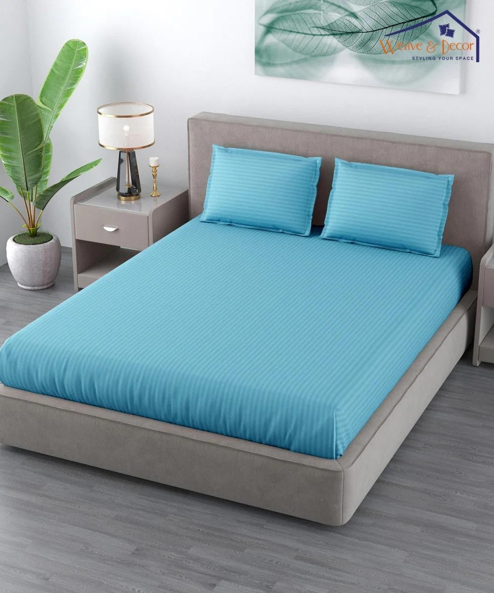 Cotton Satin Stripe Plain solid colors elastic fitted bedsheet with 2 pillow cover