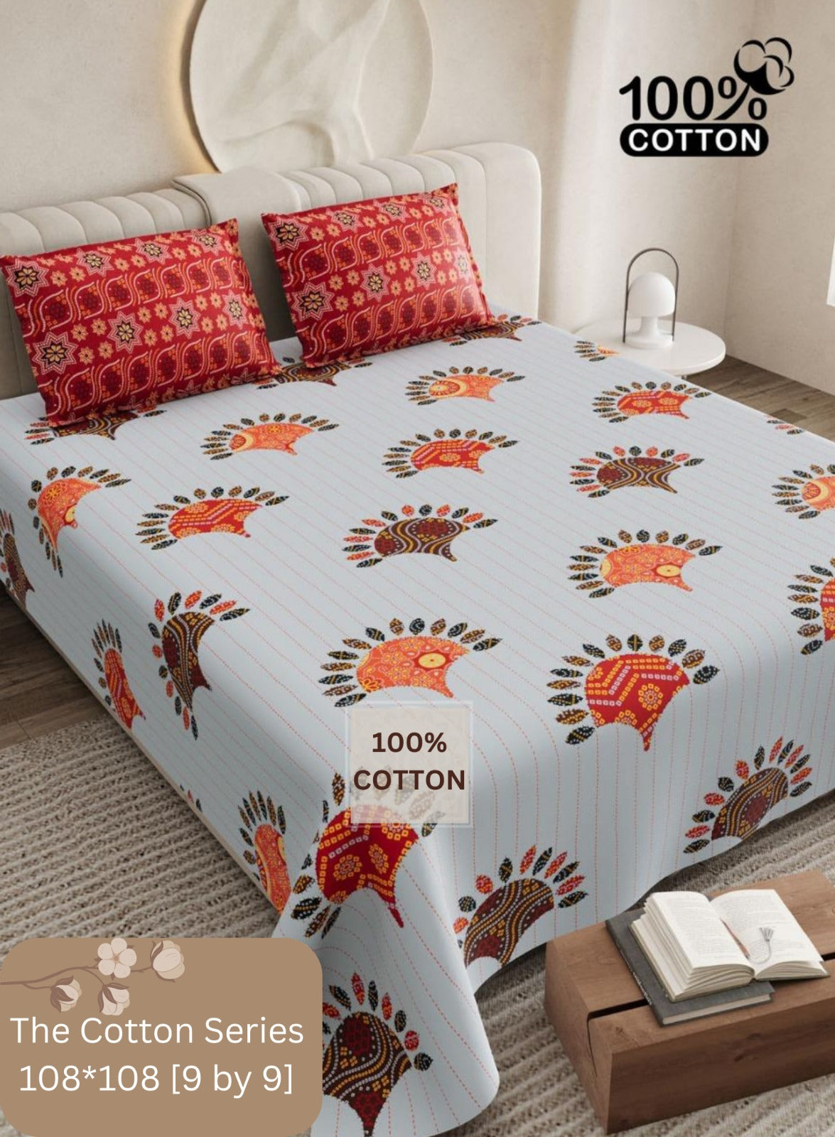Cotton designer king size bedsheet with 2 pillow cover
