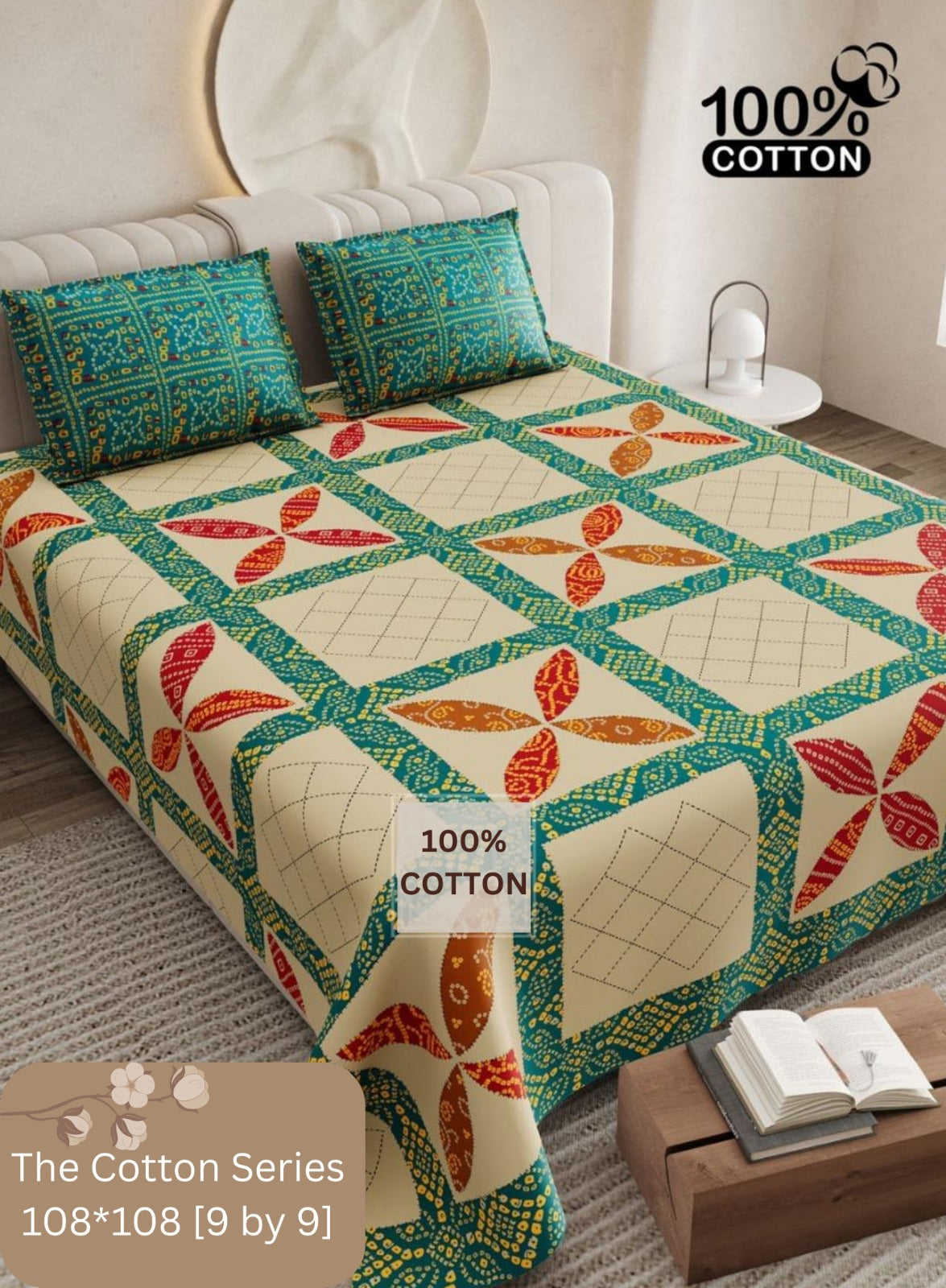 Cotton designer king size bedsheet with 2 pillow cover