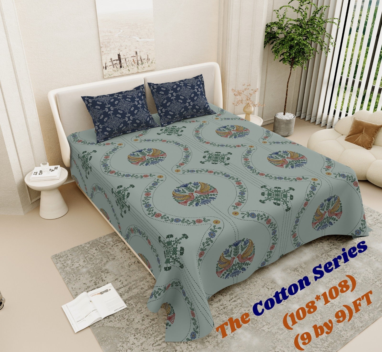 Cotton designer king size bedsheet with 2 pillow cover