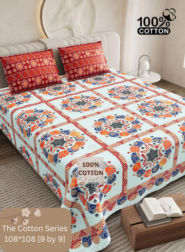 Cotton designer king size bedsheet with 2 pillow cover