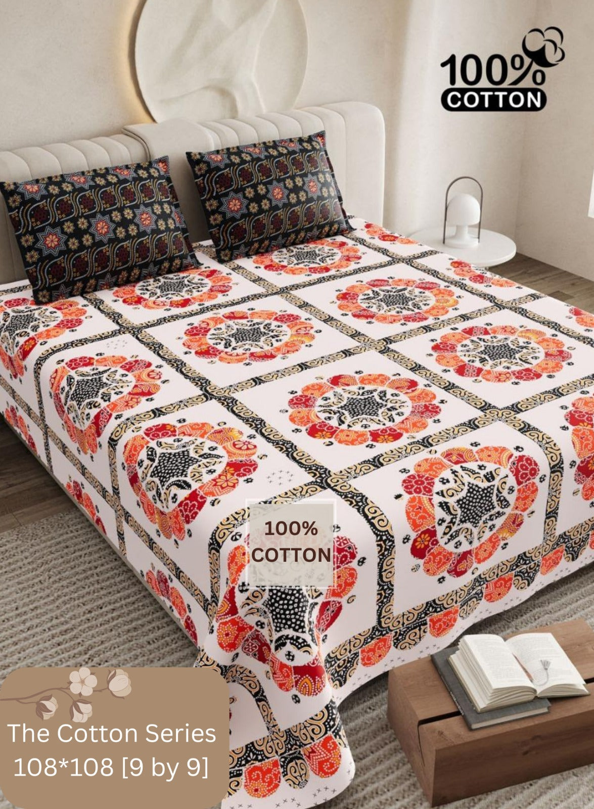 Cotton designer king size bedsheet with 2 pillow cover