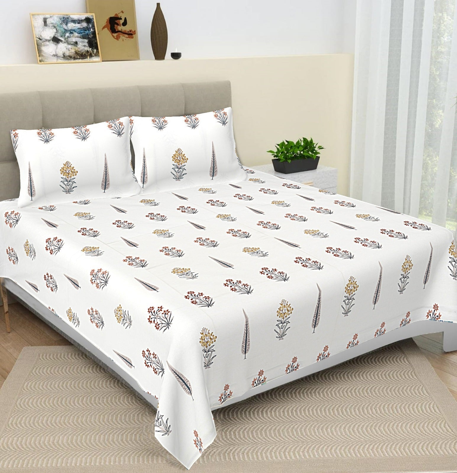 100% Pure cotton hand block primium quality bedsheet with 2 pillow cover