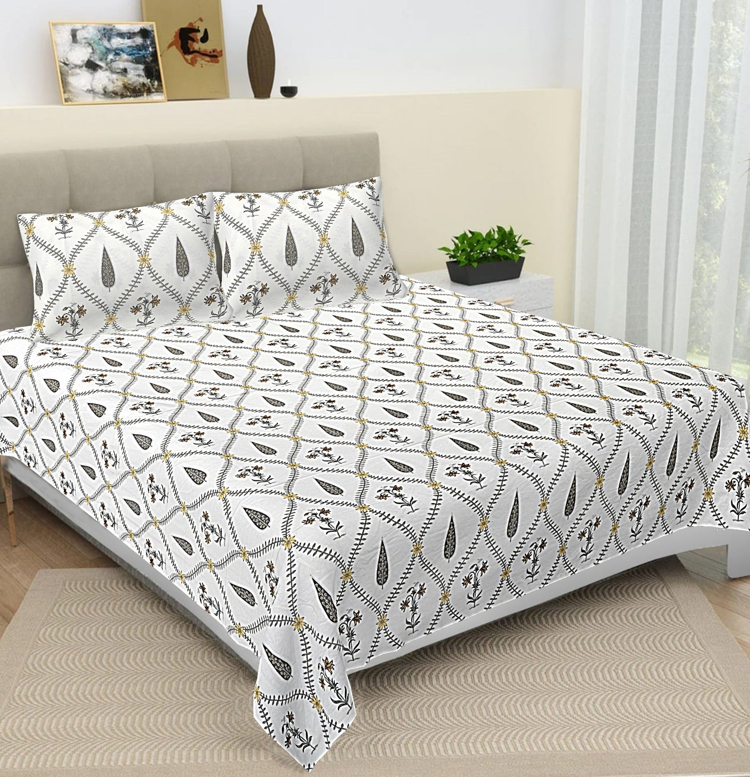 100% Pure cotton hand block primium quality bedsheet with 2 pillow cover