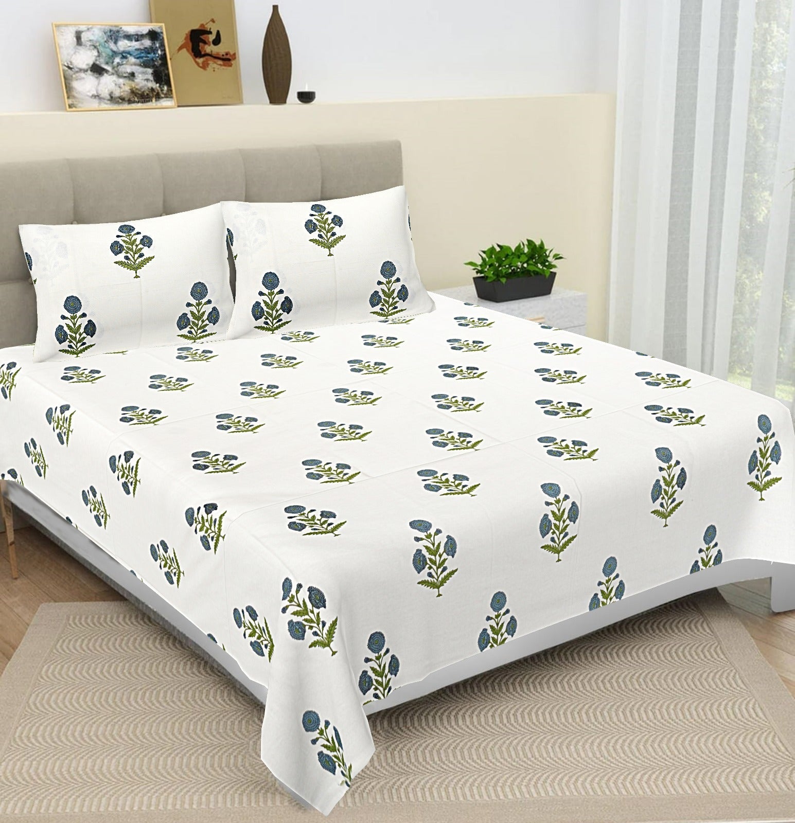 100% Pure cotton hand block primium quality bedsheet with 2 pillow cover
