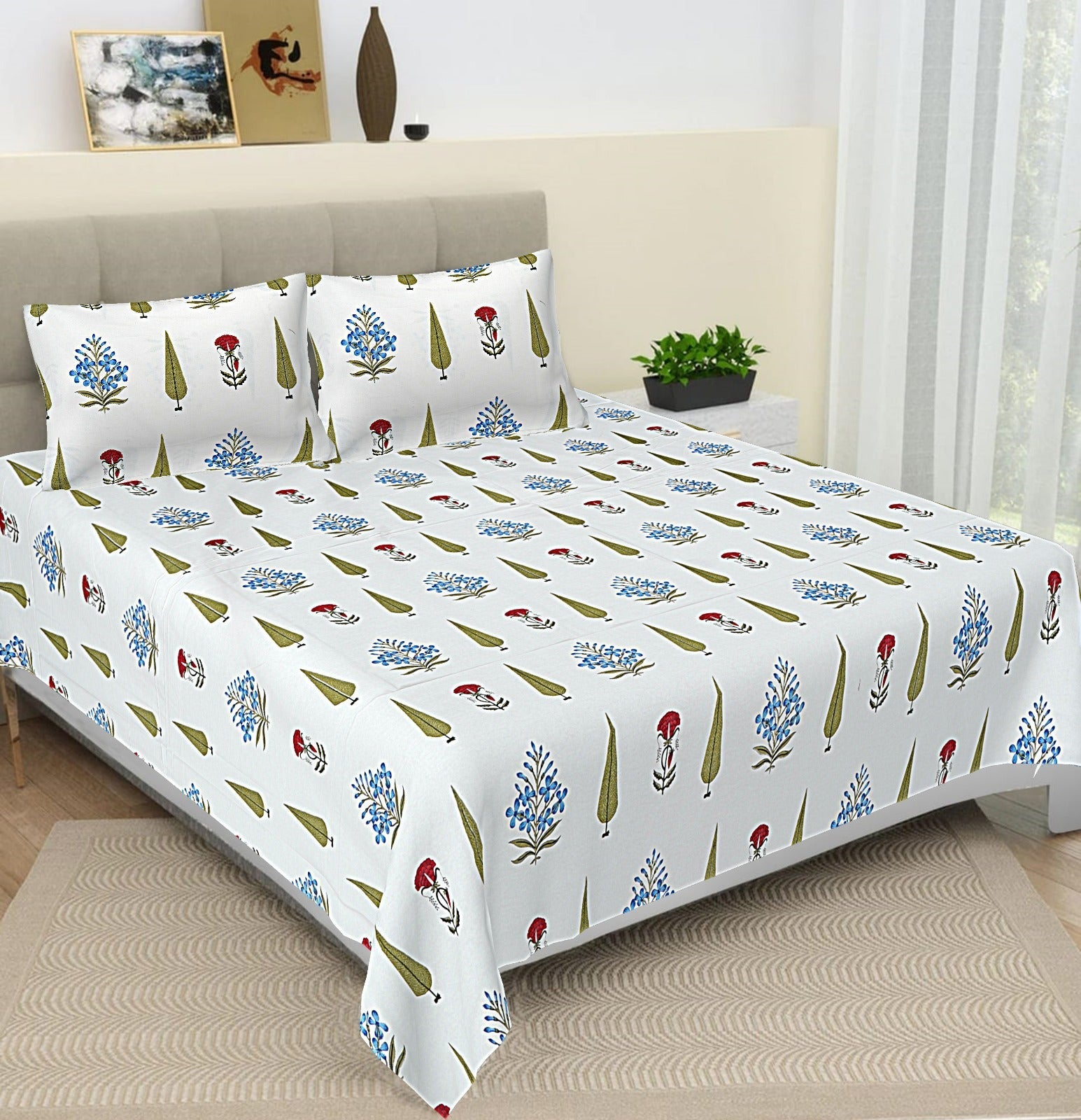 100% Pure cotton hand block primium quality bedsheet with 2 pillow cover