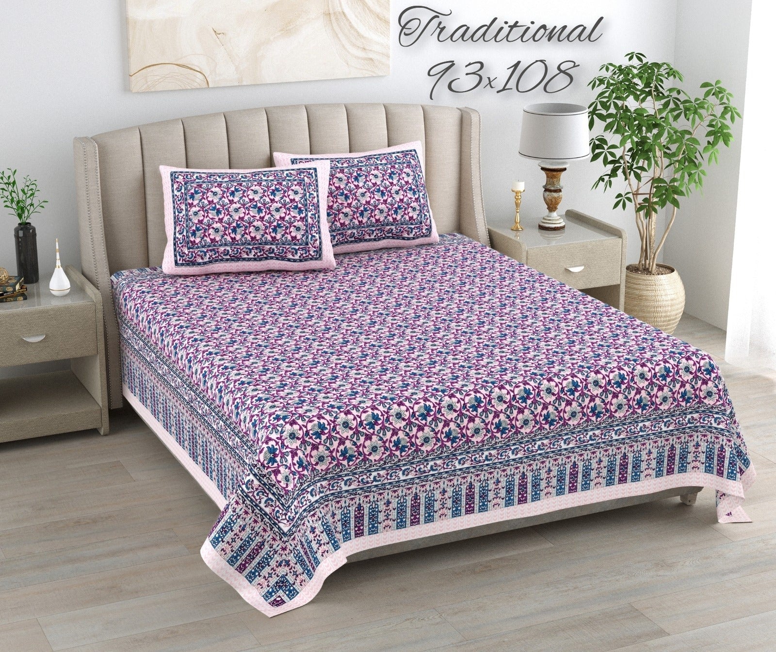 100%pure cotton traditional design bedsheet with 2 pillow cover