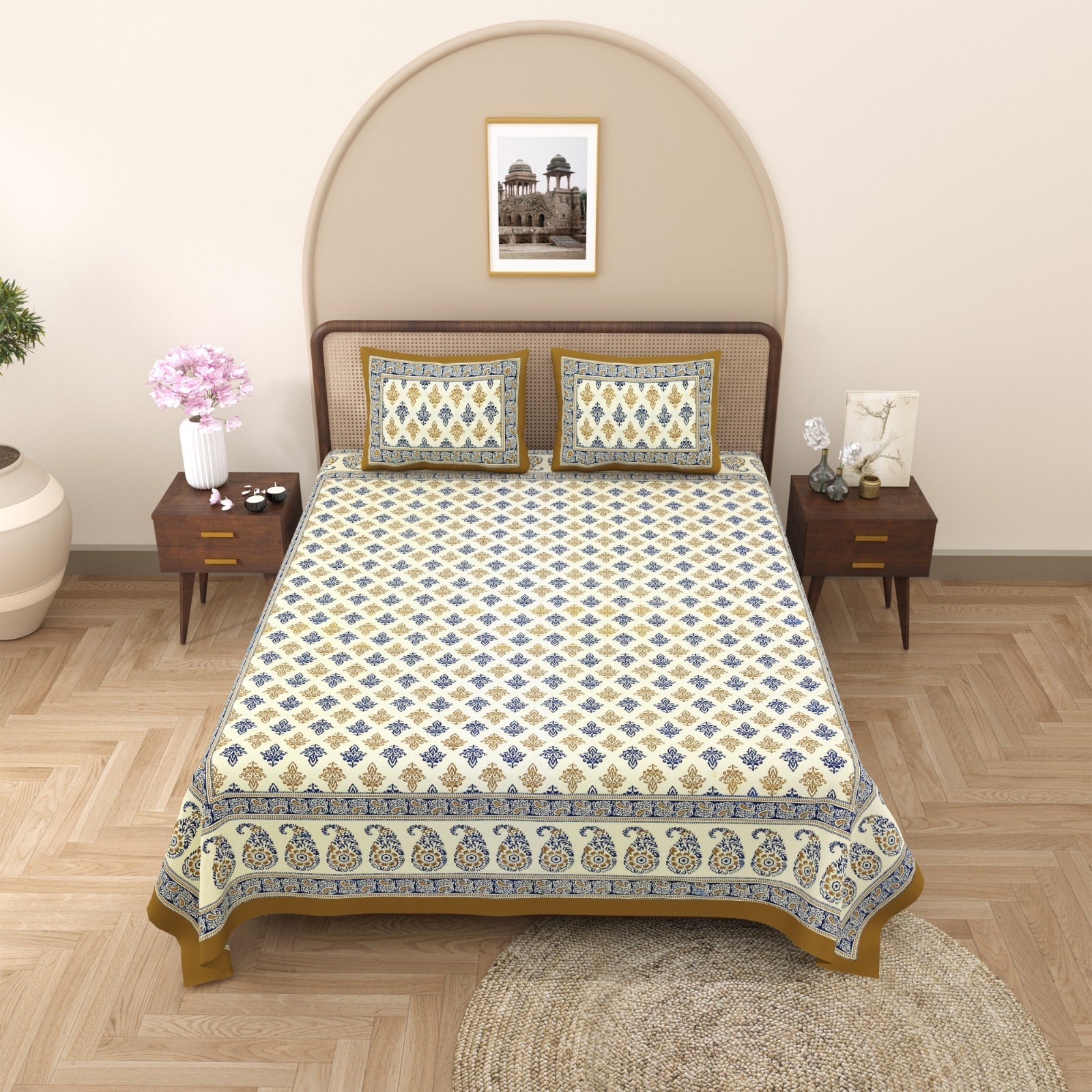 100%pure cotton traditional design bedsheet with 2 pillow cover