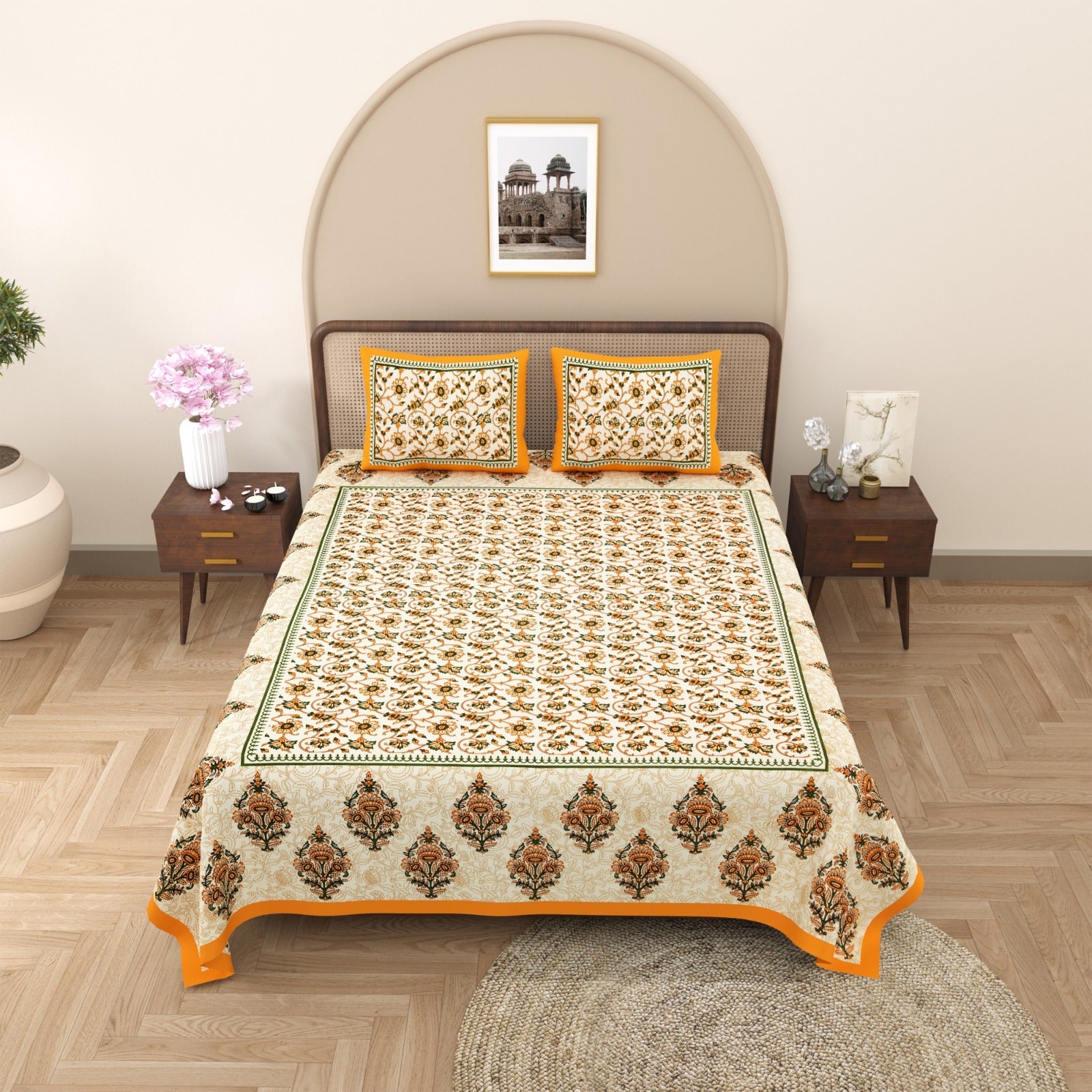 100%pure cotton traditional design bedsheet with 2 pillow cover