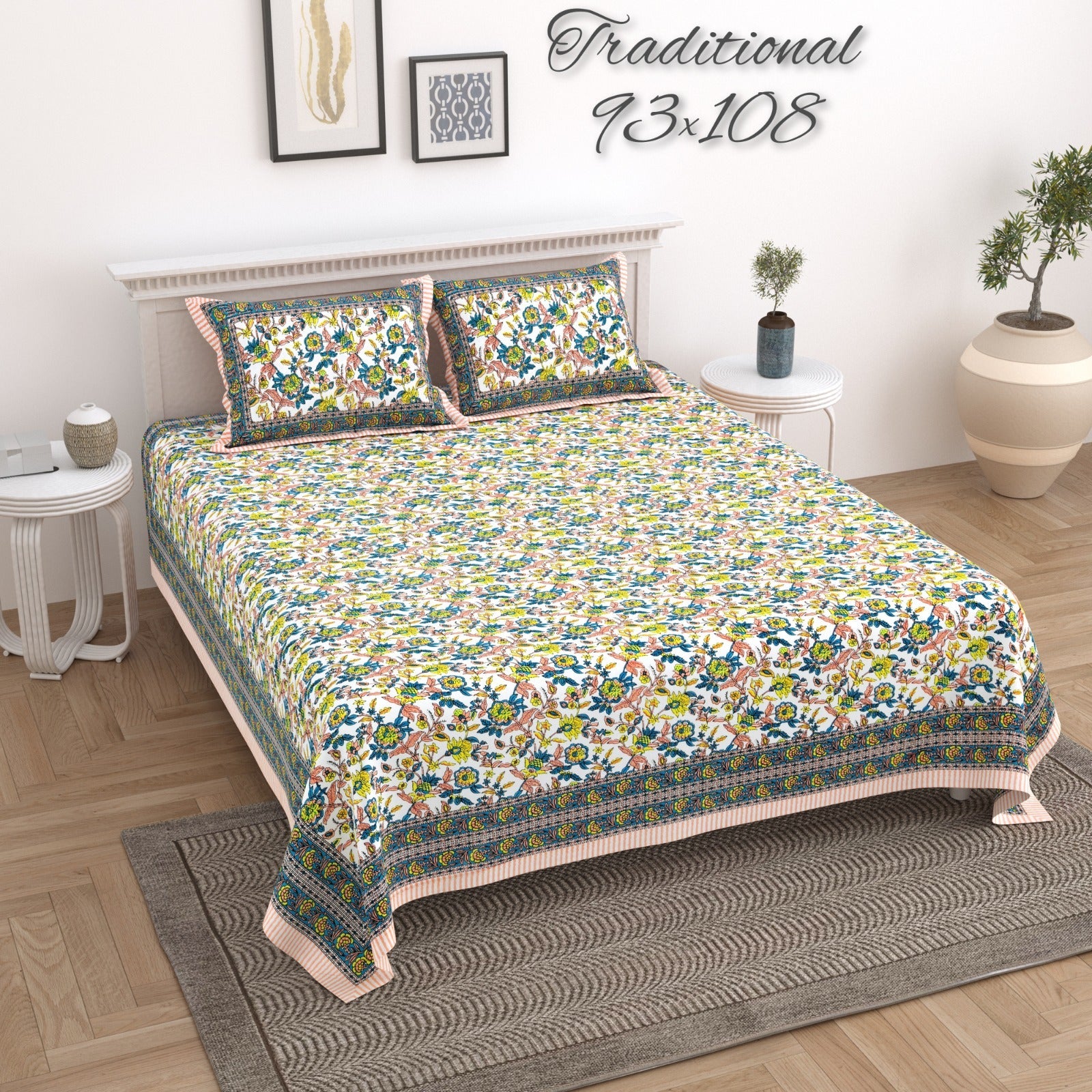 100%pure cotton traditional design bedsheet with 2 pillow cover